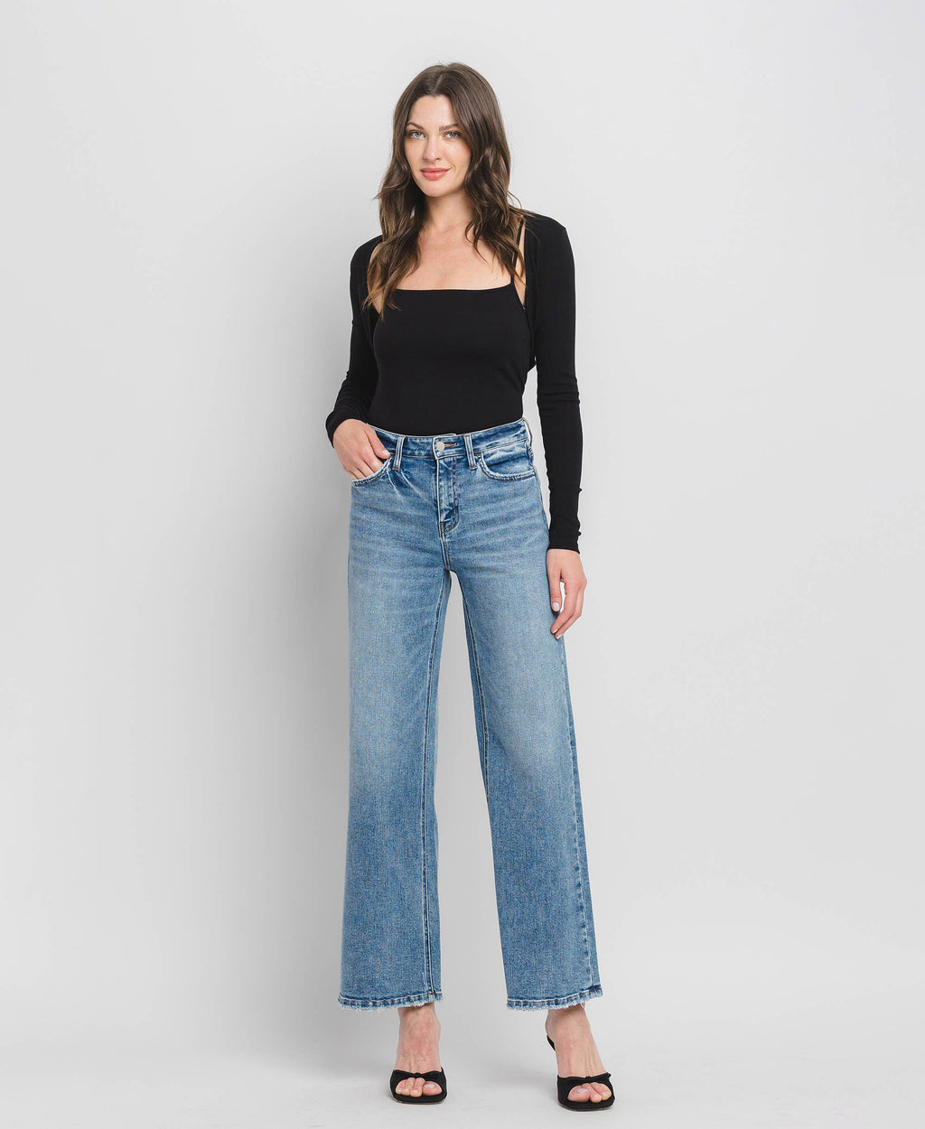High Rise Wide Leg Jeans - Full Length Comfort Stretch Denim