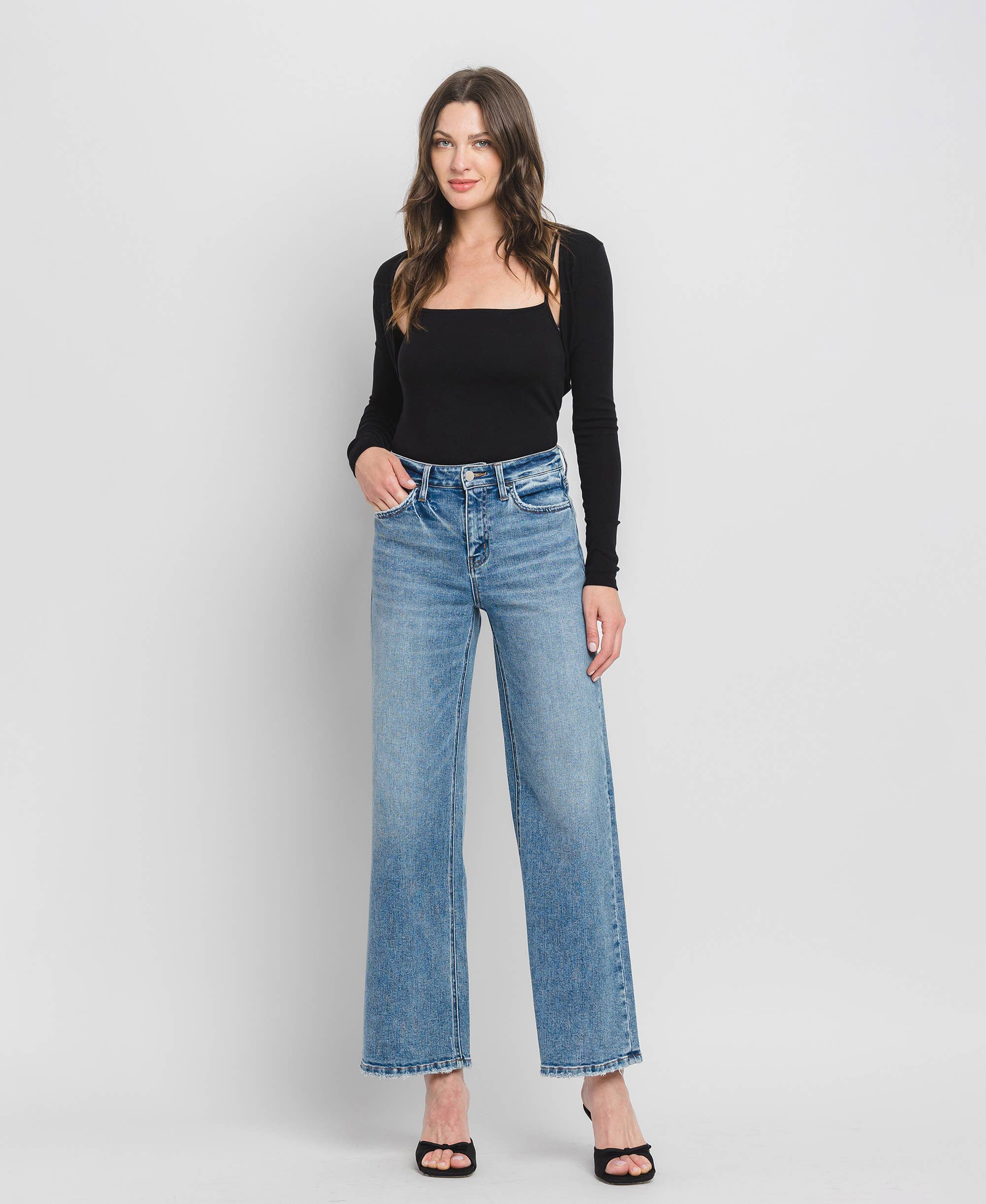High Rise Wide Leg Jeans - Full Length Comfort Stretch Denim