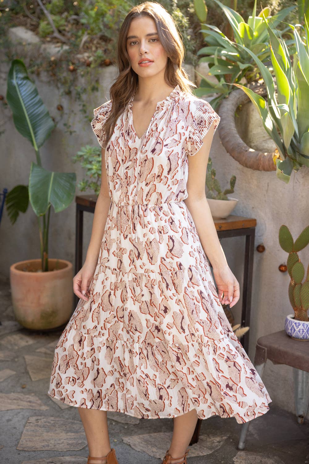 Pleated Ruffle Sleeve Tiered Midi Printed Brown Dress Spring-Summer VOY