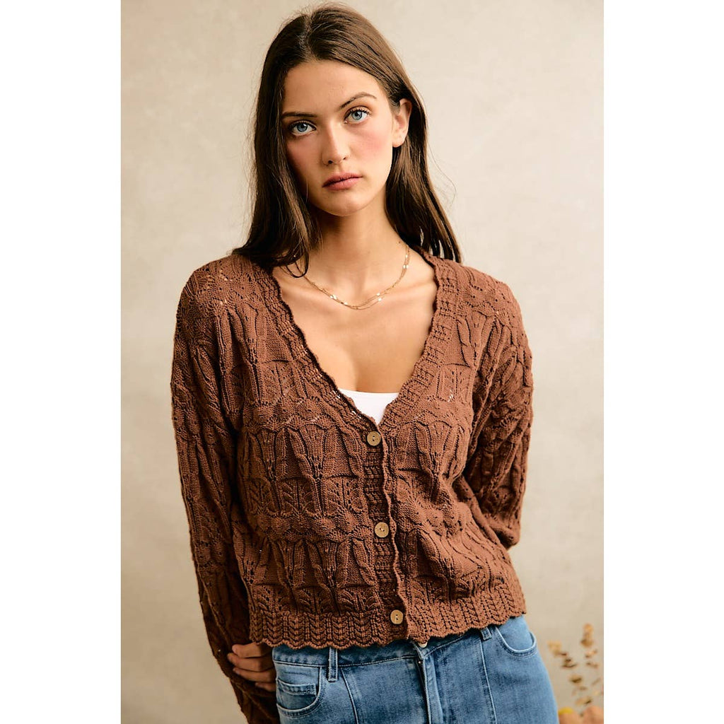 Textured Scallop Edge Button Cardigan Sweater