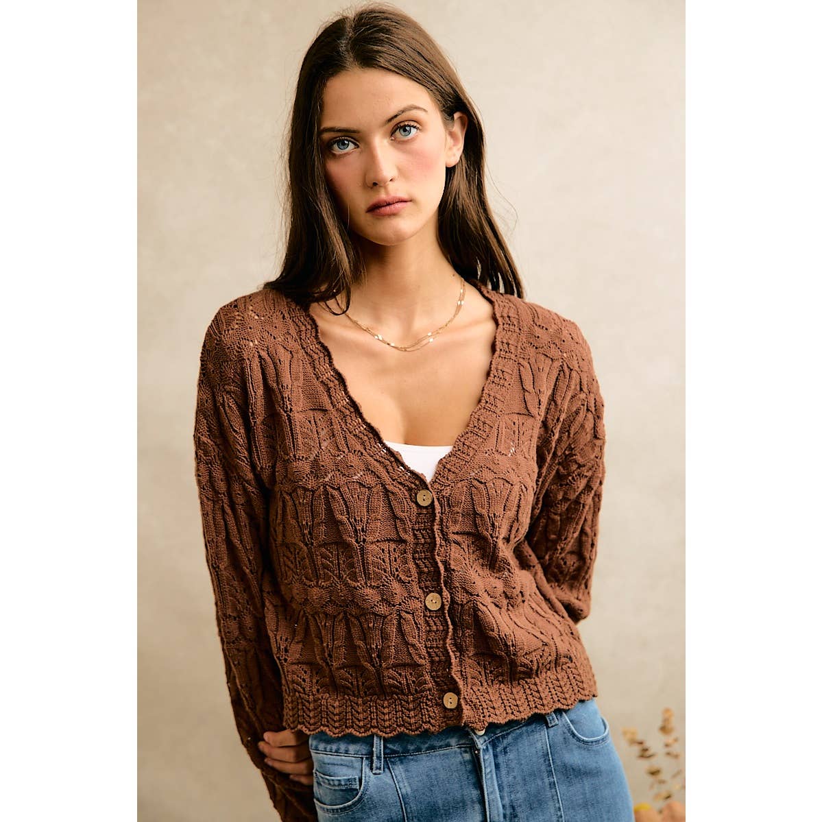 Textured Scallop Edge Button Cardigan Sweater