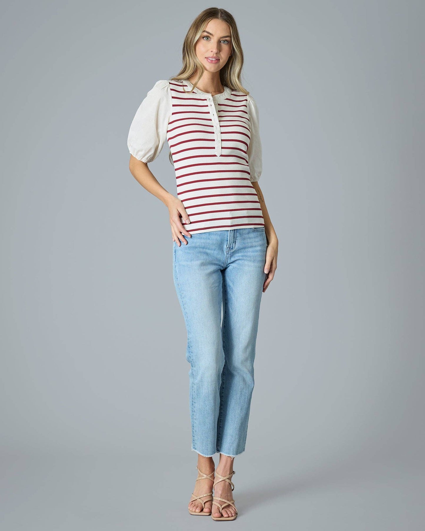 Tomato Stripe Puff Sleeve Henley Top Fall-Winter Downeast