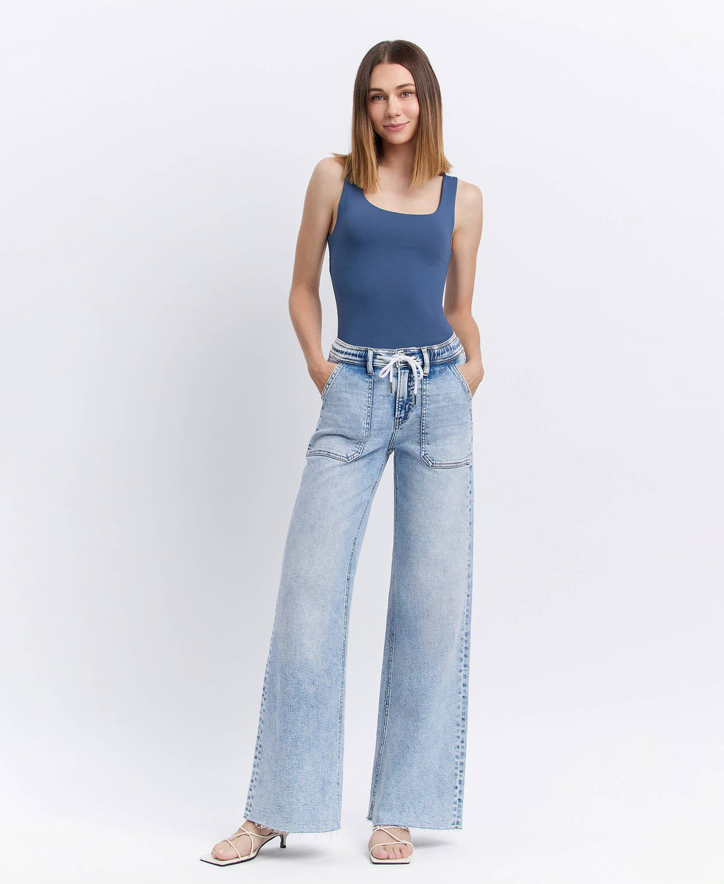 FLYING MONKEY - HIGH RISE DRAWSTRING WAISTBAND WIDE LEG JEANS F6065 FLYING MONKEY