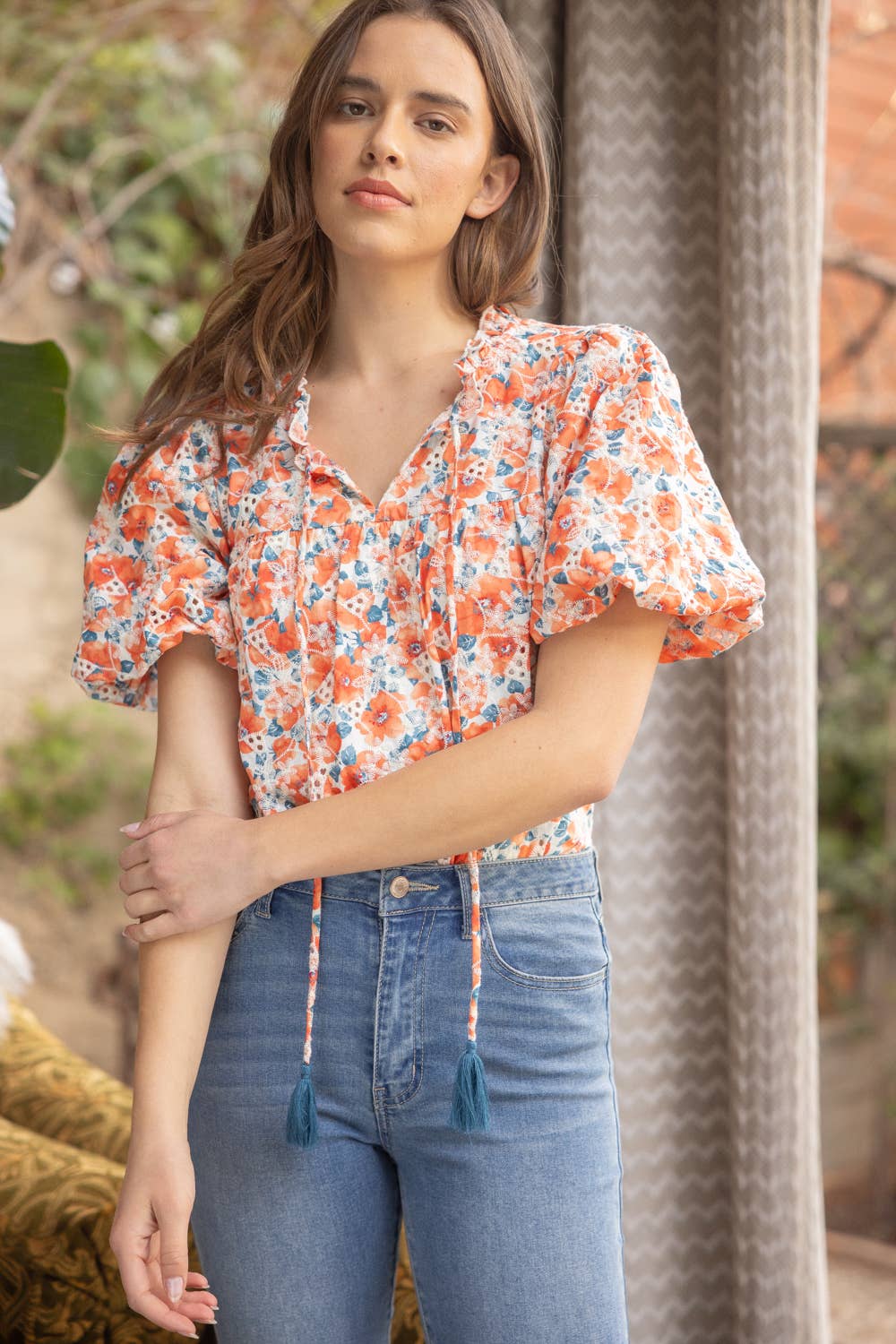 Printed Eyelet Bubble Sleeve and Tassel Orange Top Spring-Summer VOY