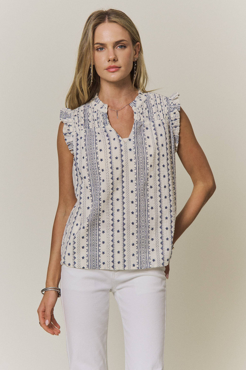 Boho Print Ruffle Cap Sleeve Blouse