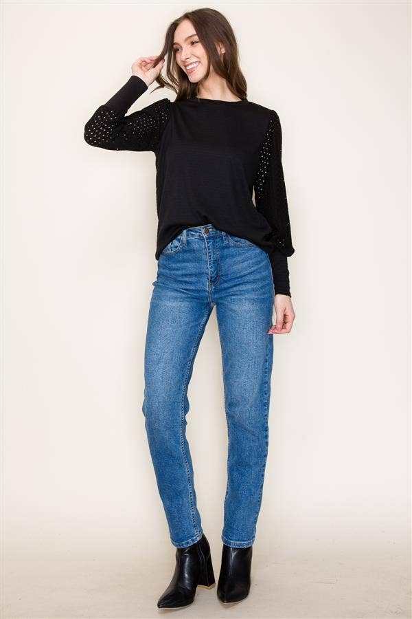 Black Crew Neck Seersucker Top with Puff Eyelet Laced Long Sleeves Fall-Winter STACCATO