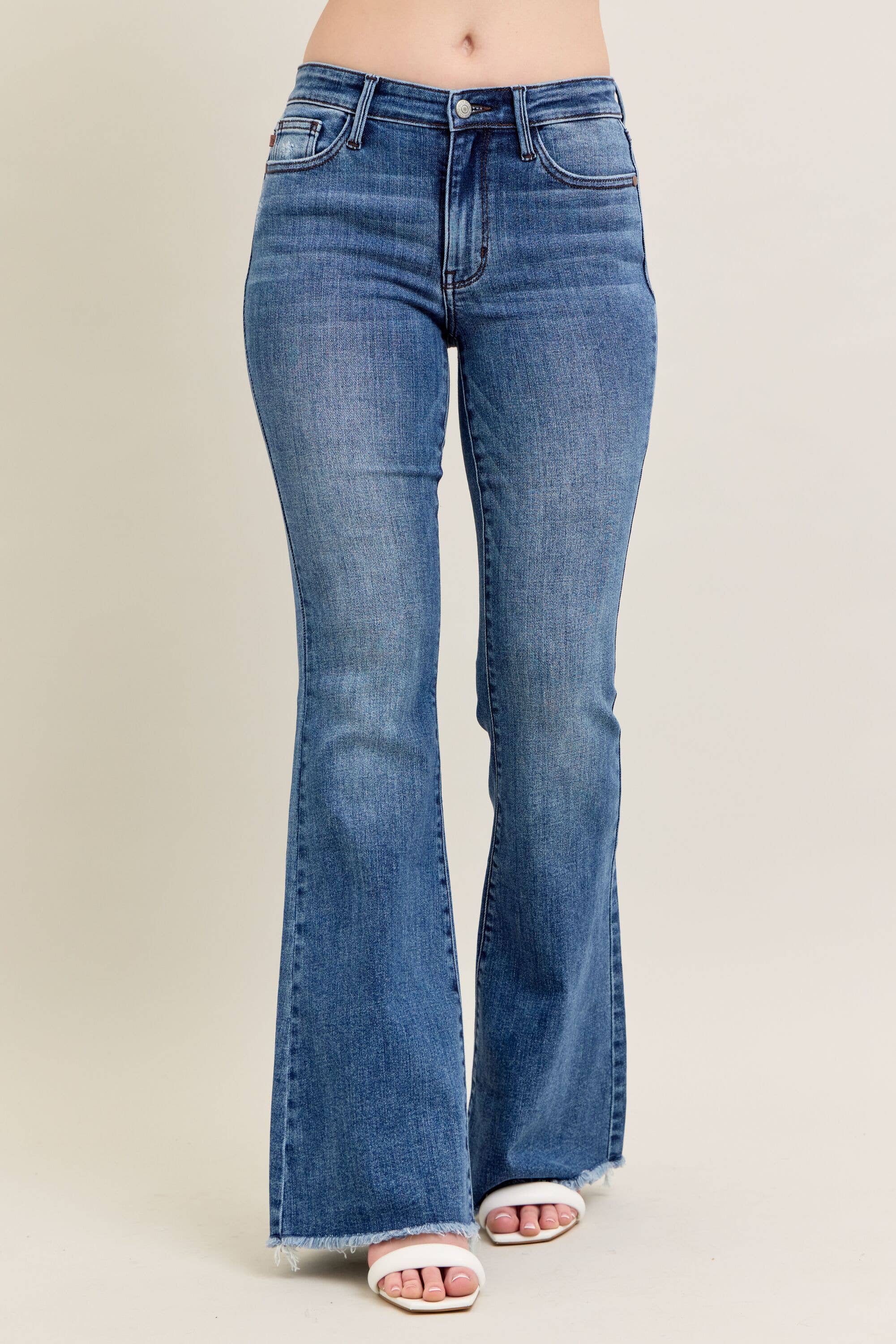Mid Rise Vintage Wash Flare w/ Distressed and Fray Hem