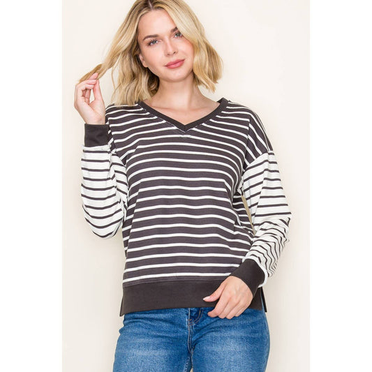 V-Neck Top – Striped, Colorblocked French Terry Long Sleeve Pullover