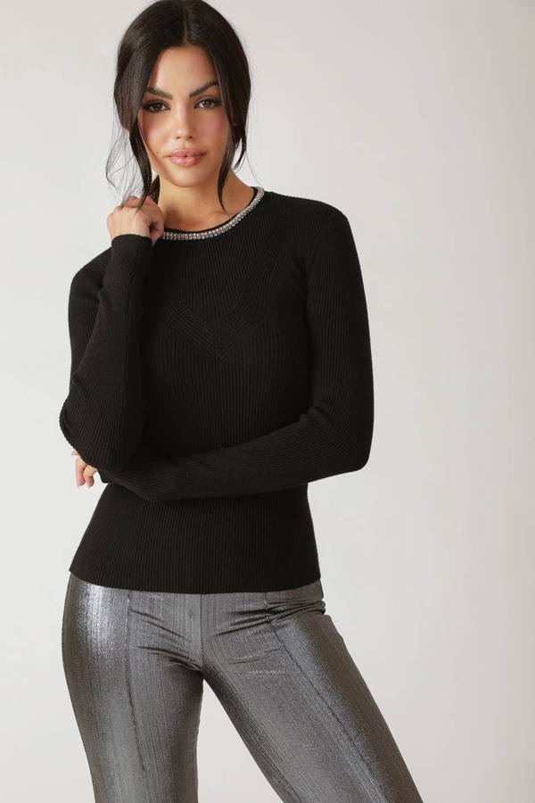 Stella Long Sleeve with Neck Rhinestone Top