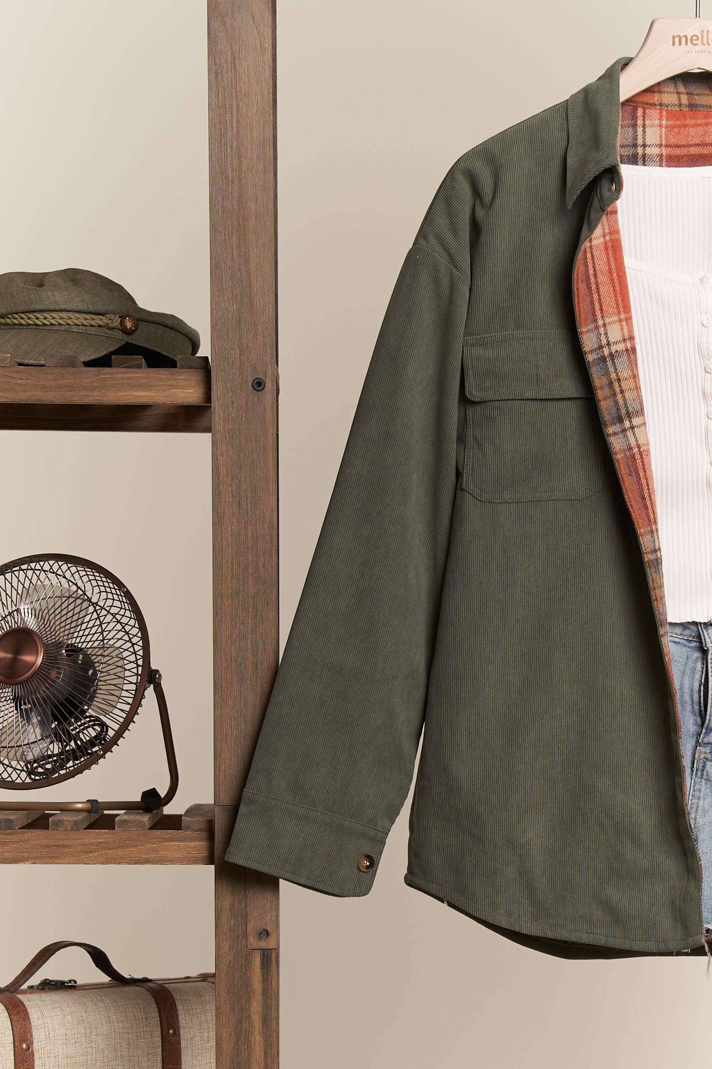 Reversible Corduroy and Plaid Button Down Shacket Mello.