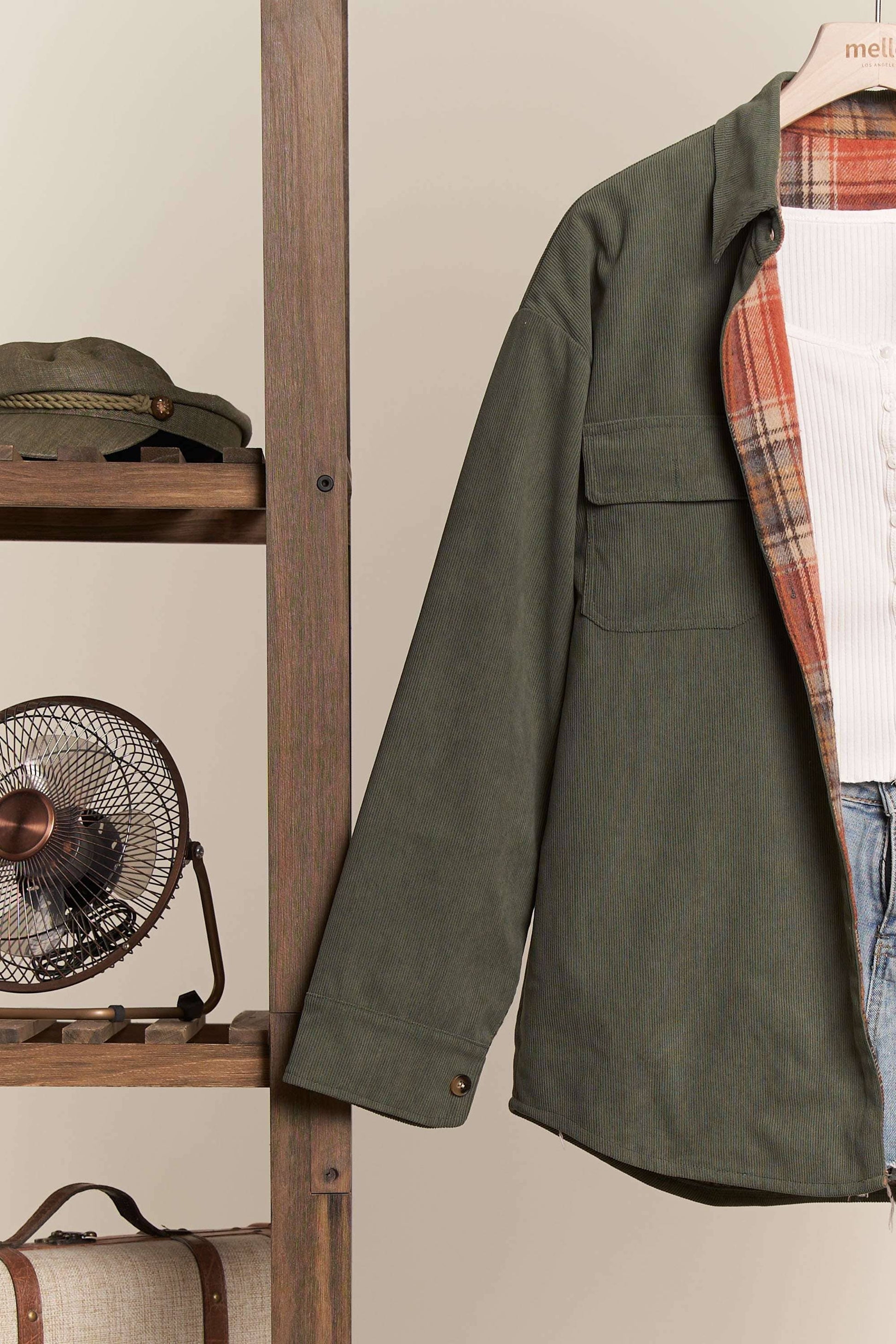 Reversible Corduroy and Plaid Button Down Shacket Mello.