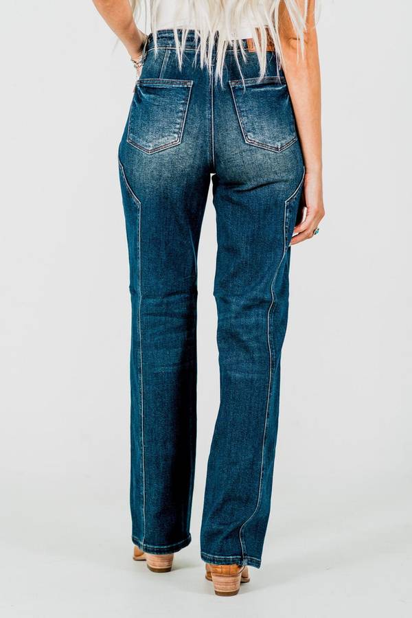 Mid Rise Straight Western Seam Detail Dark Blue Jeans