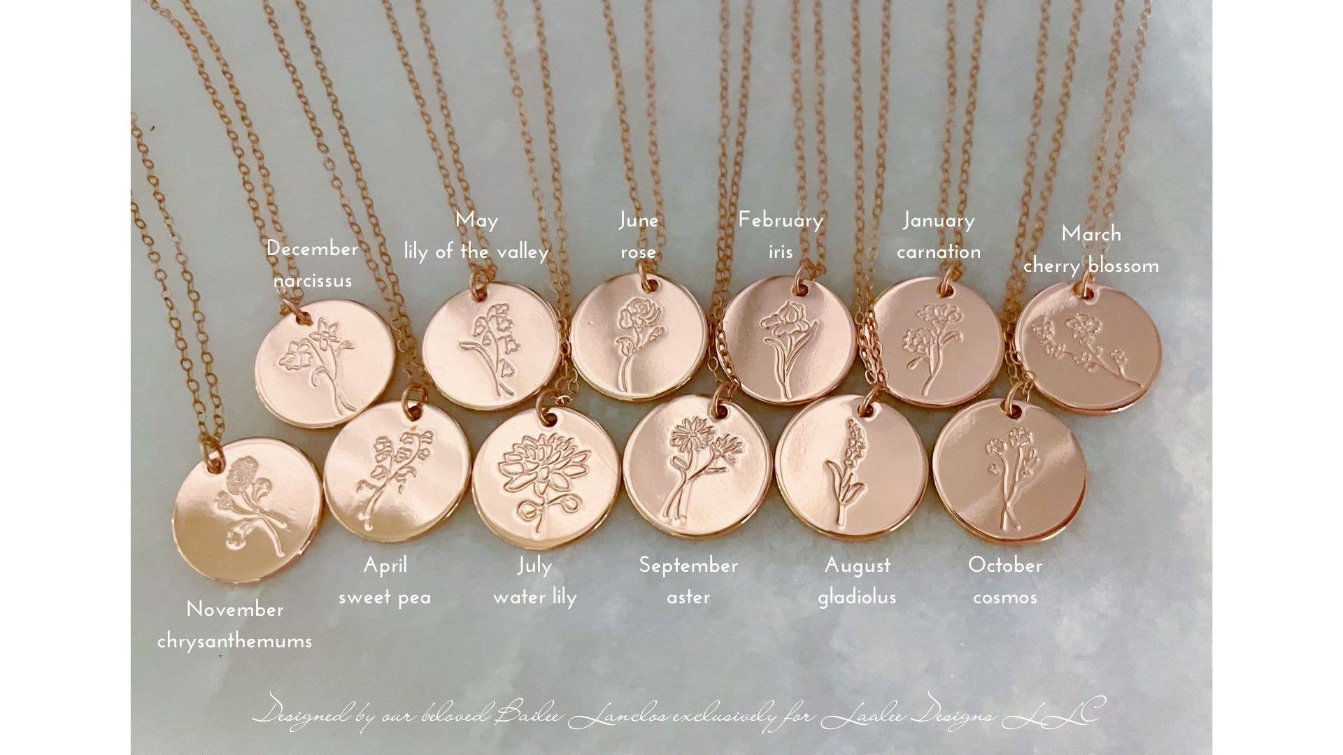 Rose Gold Birth Flower Necklace, Mothers Day Jewelry Gift: August-gladiolus Spring-Summer Laalee Jewelry