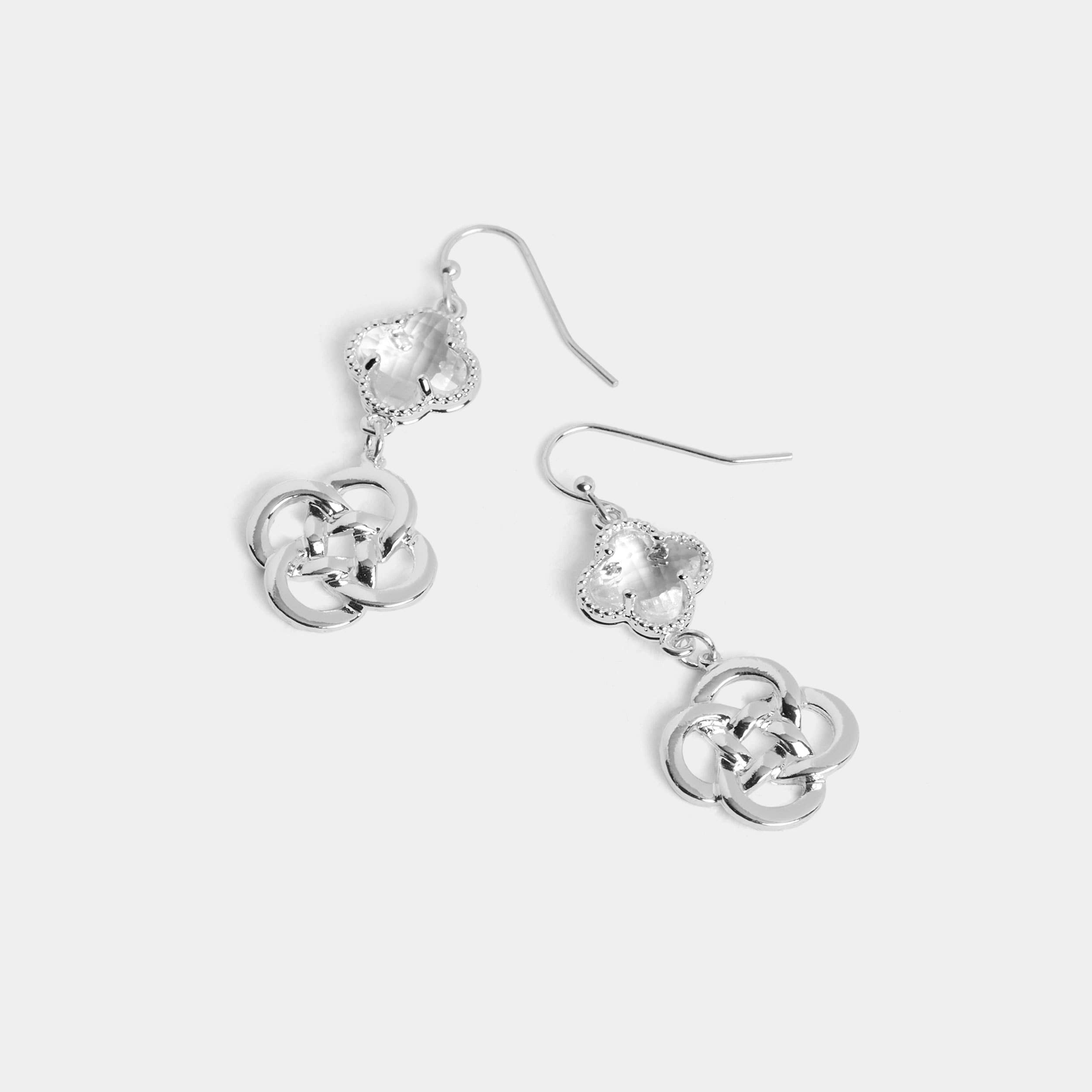 Silver Clover Knot Dangle Earrings with delicate glass beads and hypoallergenic mixed alloy design