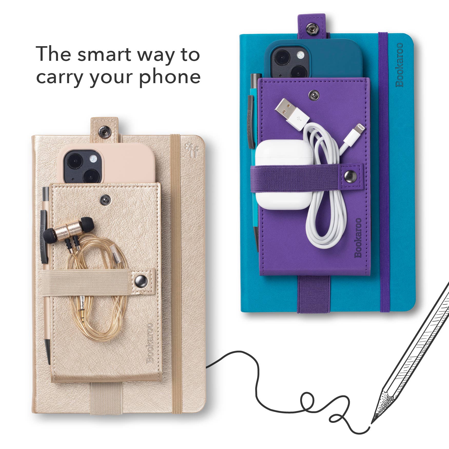 Bookaroo Phone Holder attached to notebooks holding phones and accessories for easy access and stylish organization.
