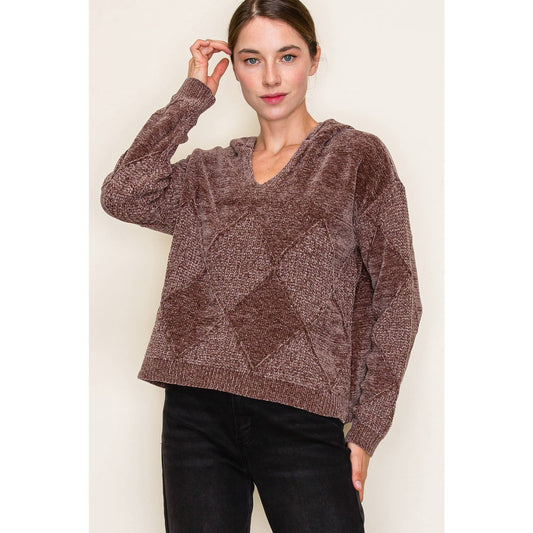 Mocha Textured Chenille Yarn Super Cozy Sweater Hoodie Fall-Winter STACCATO