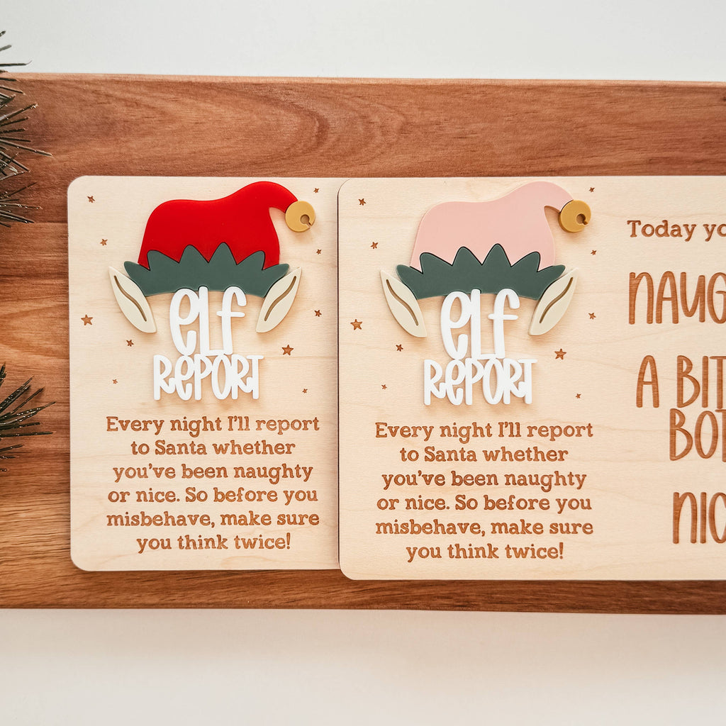 Wooden Elf Report Sign with 3D lettering and dry-erase circle for Christmas decor