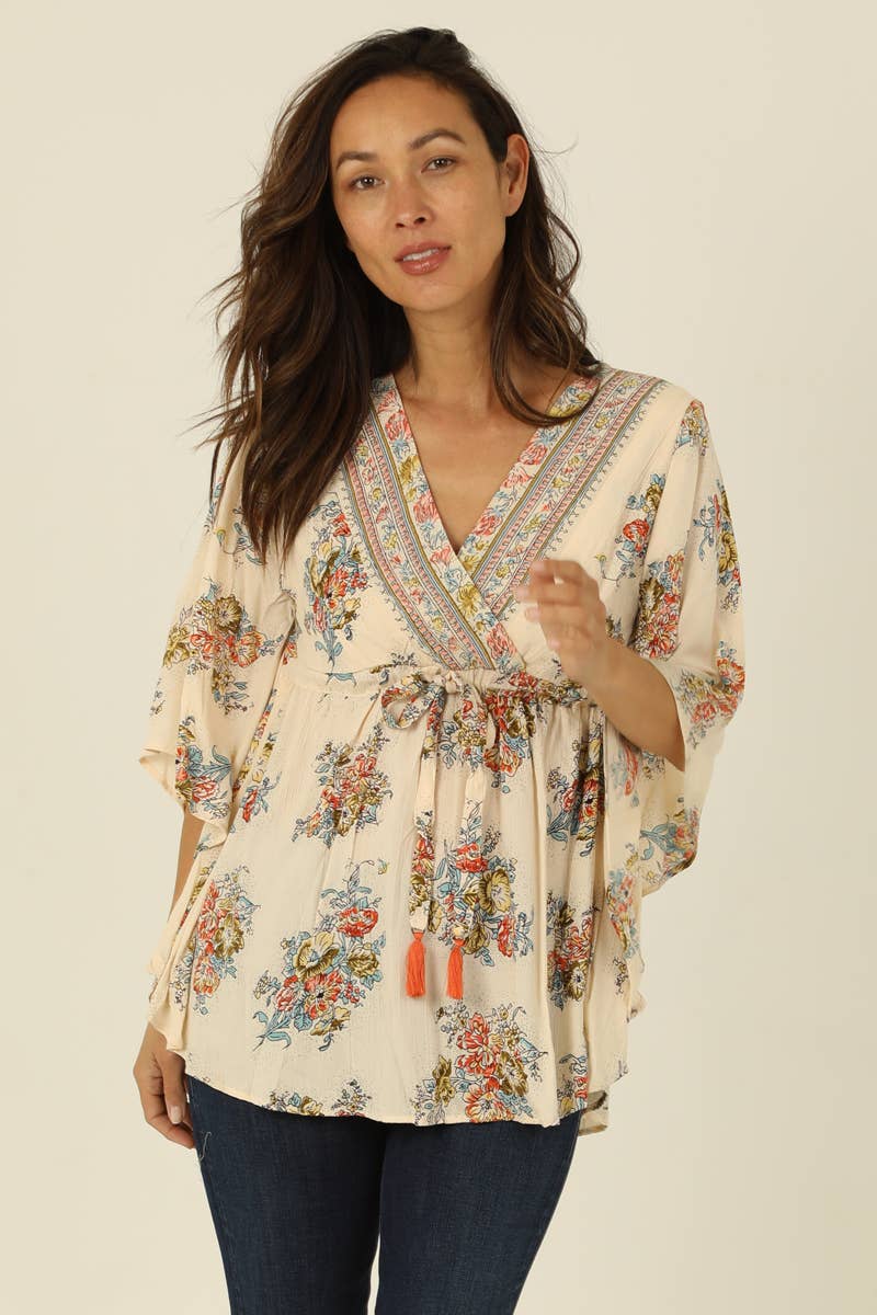 V NECK TASSEL TIE WAIST KAFTAN BLOUSE Spring-Summer Nostalgia