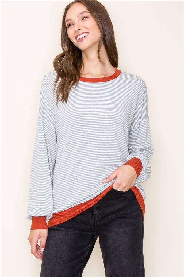 Heather Grey Contrast Trimmed Crew Neck Long Sleeve Pinstripe Terry Top Fall-Winter STACCATO