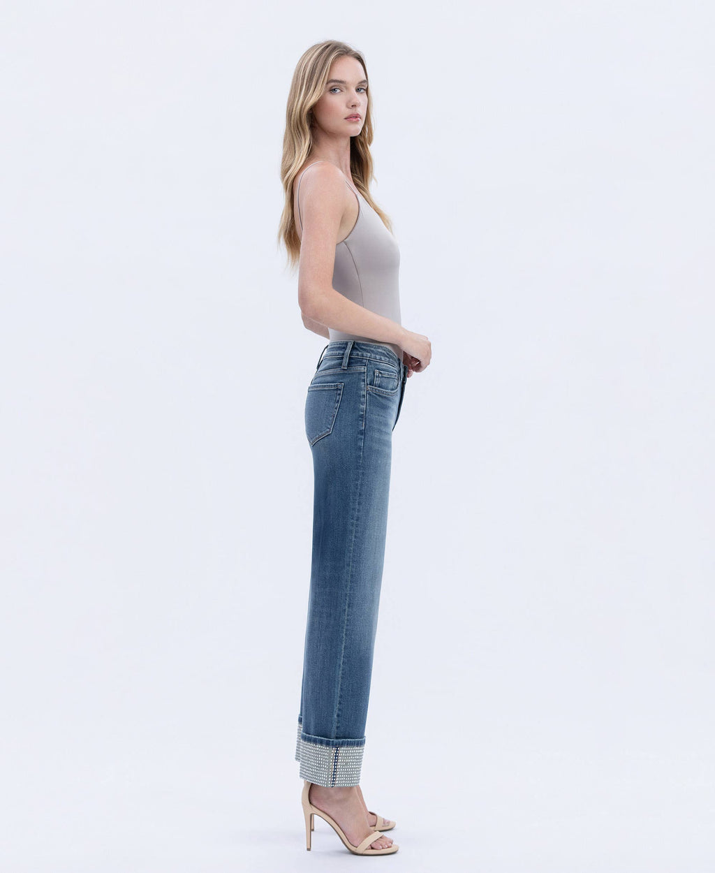 Wide Leg Cuffed Jeans – Mid Rise Mineral Silver Slim Wide Ankle Denim