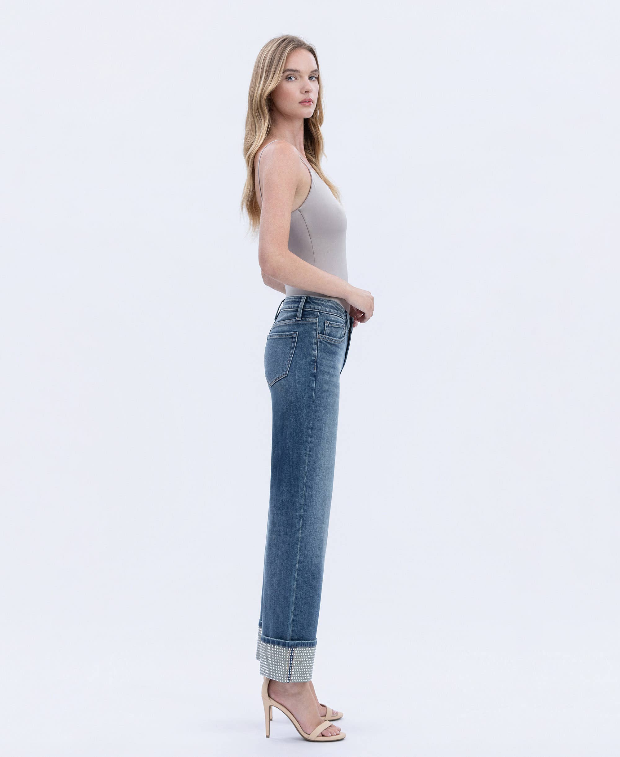 Wide Leg Cuffed Jeans – Mid Rise Mineral Silver Slim Wide Ankle Denim