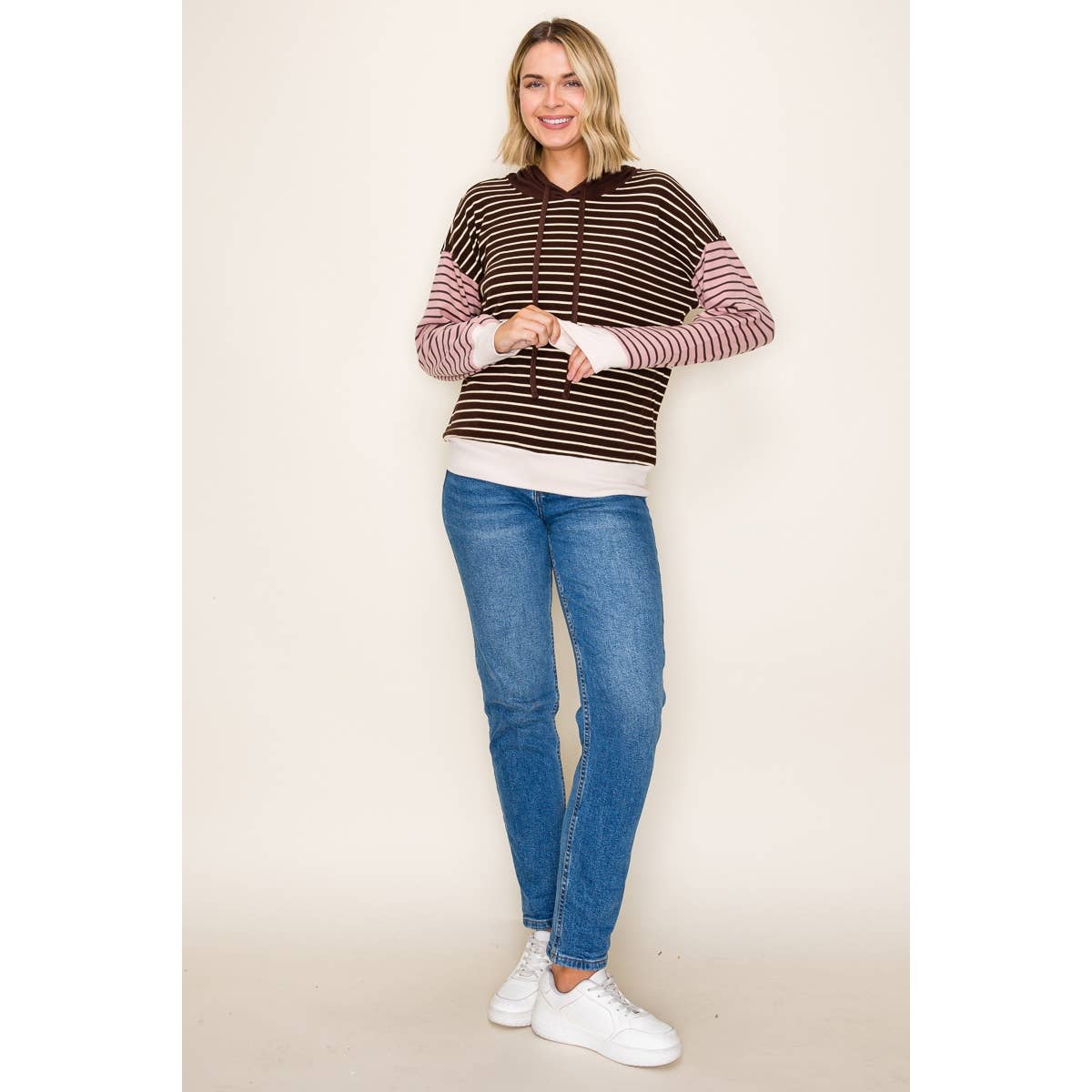 COLOR BLOCKED STRIPE HOODIE TOP