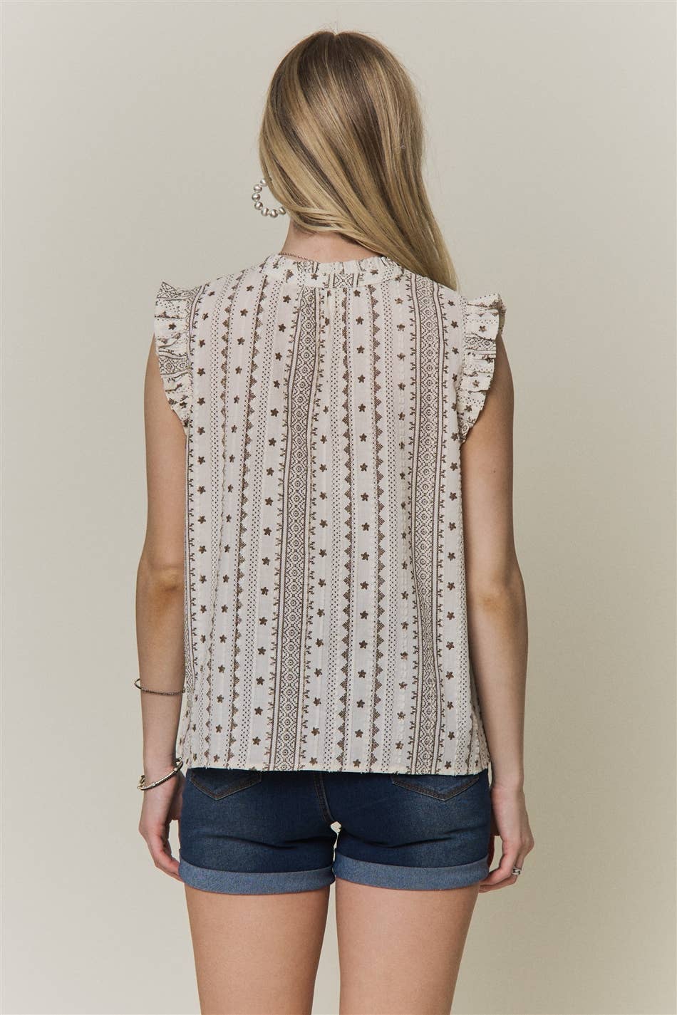 Boho Print Ruffle Cap Sleeve Blouse