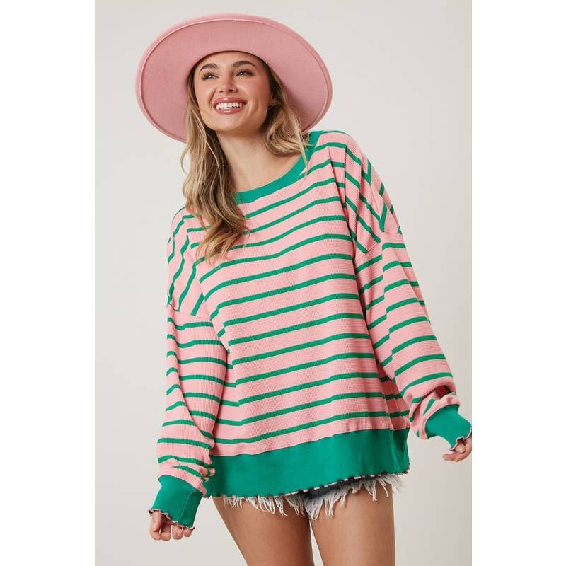 Oversized Pink and Green  Stripe Knit Top Spring-Summer STYLE USA