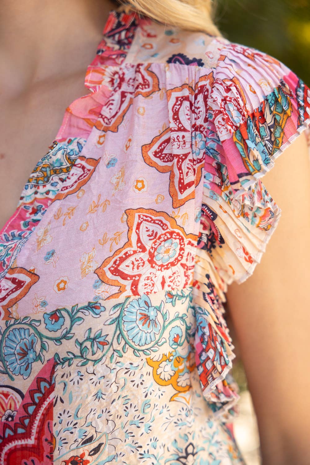 Pink Pleated Sleeve Mixed Paisley Print Button Up Top VOY