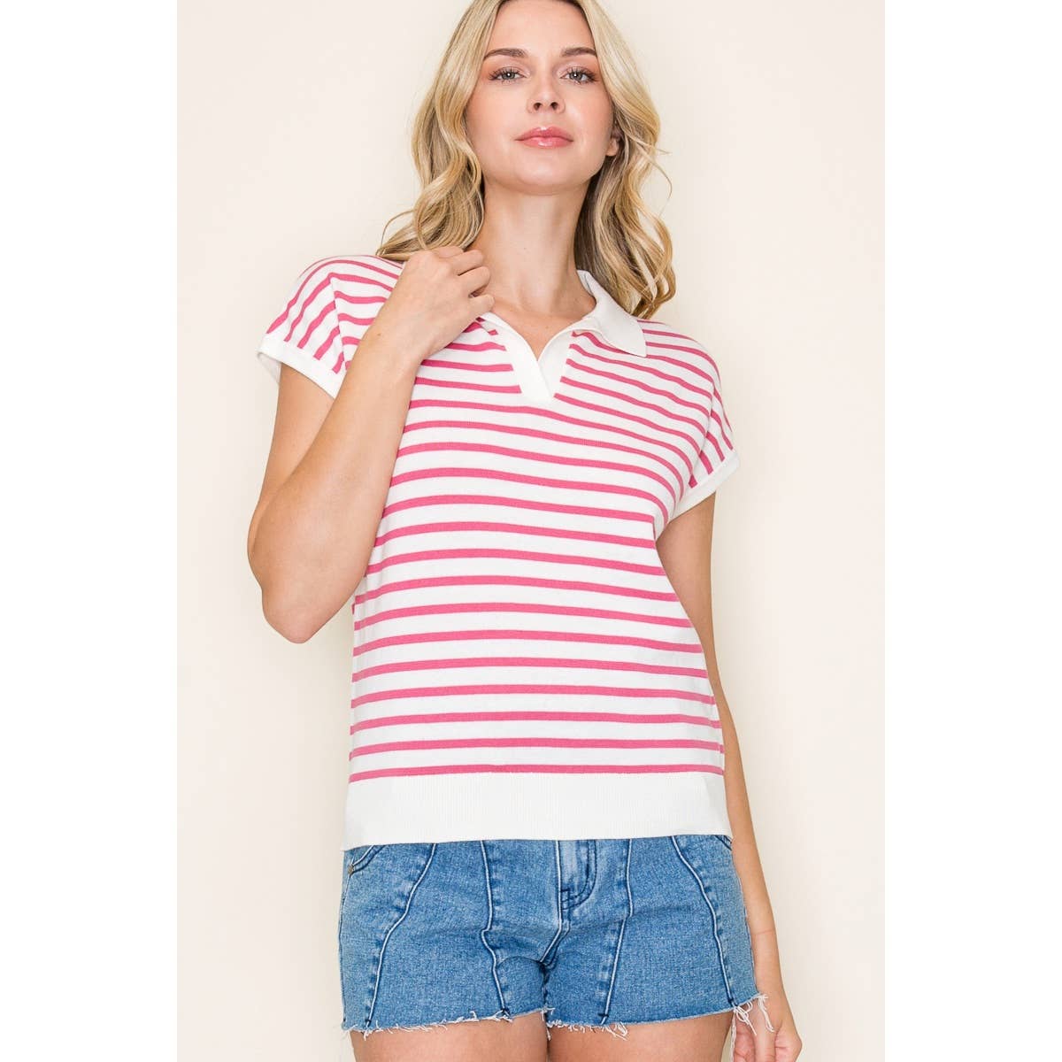 IVORY & PINK JOHNNY COLLAR POLO SWEATER TOP STACCATO