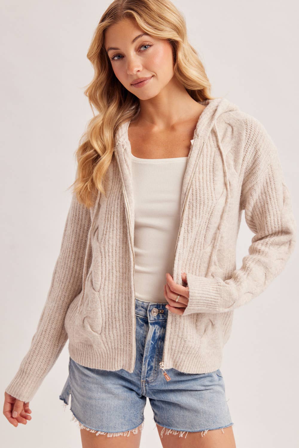 CABLE KNIT SWEATER CARDIGAN WITH HOOD