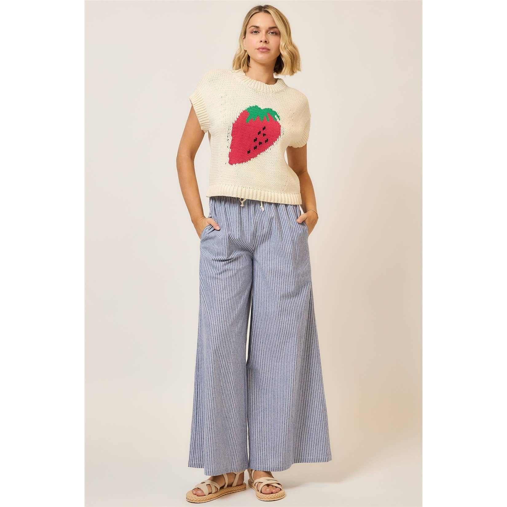 Cozy Casual, Inc. - Pinstripe Wide Leg Pants with Drawstring