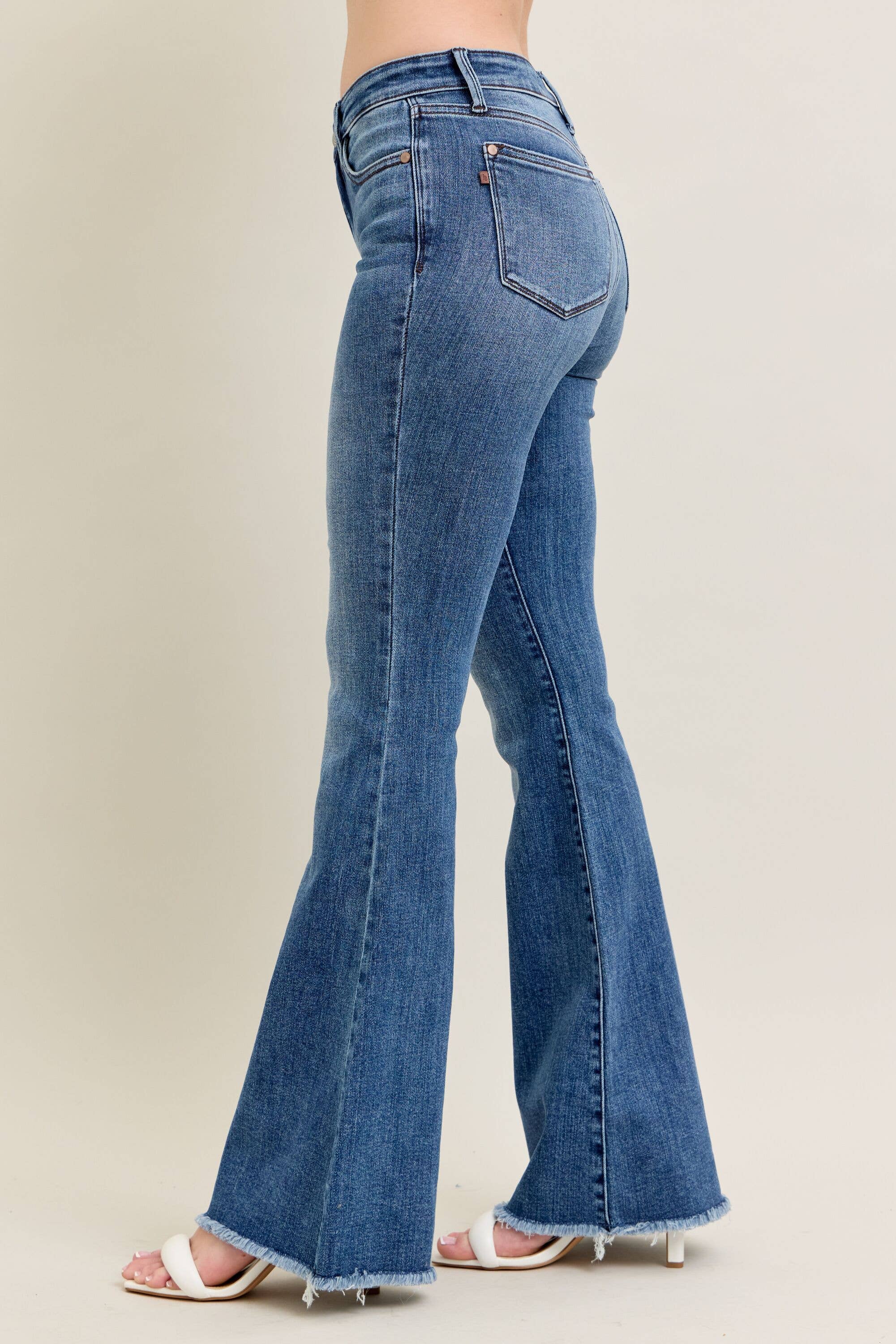 Mid Rise Vintage Wash Flare w/ Distressed and Fray Hem
