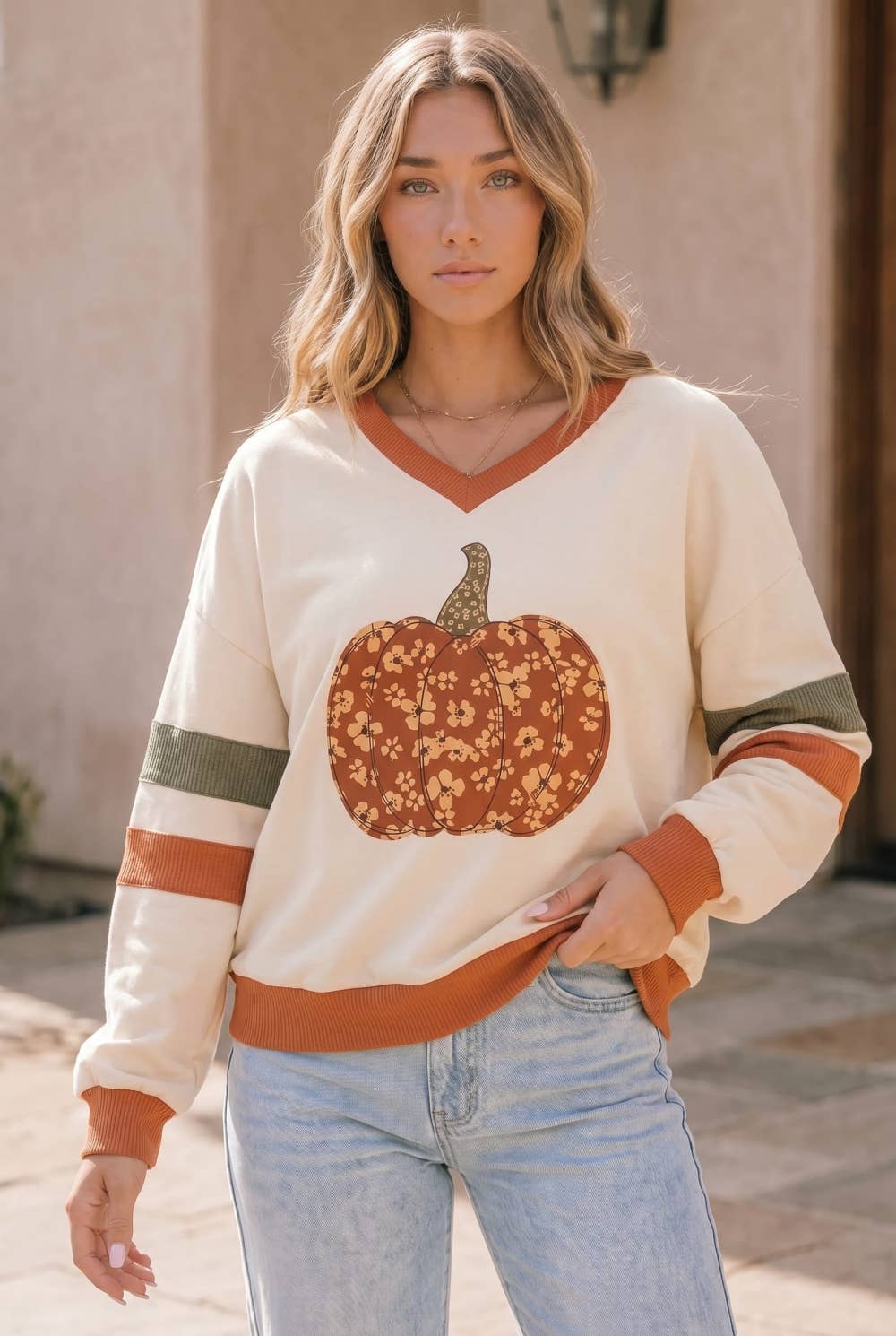 Floral Pumpkin V Neck Sweatshirt