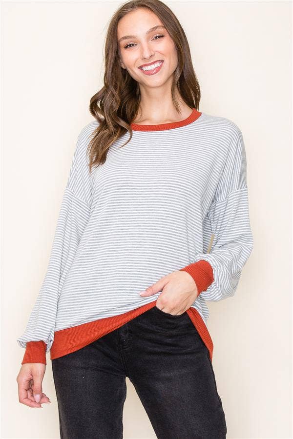 Heather Grey Contrast Trimmed Crew Neck Long Sleeve Pinstripe Terry Top Fall-Winter STACCATO