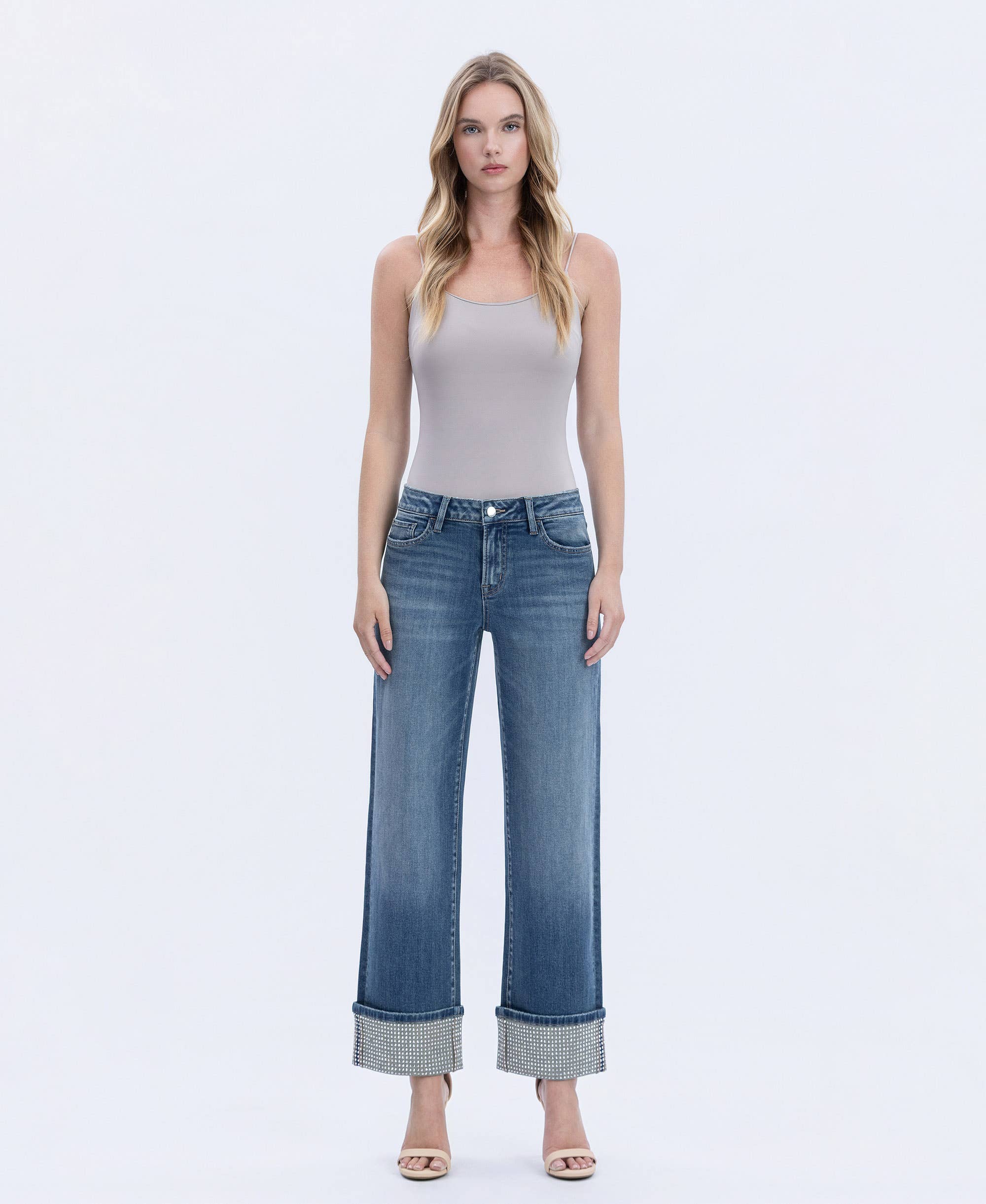 Wide Leg Cuffed Jeans – Mid Rise Mineral Silver Slim Wide Ankle Denim