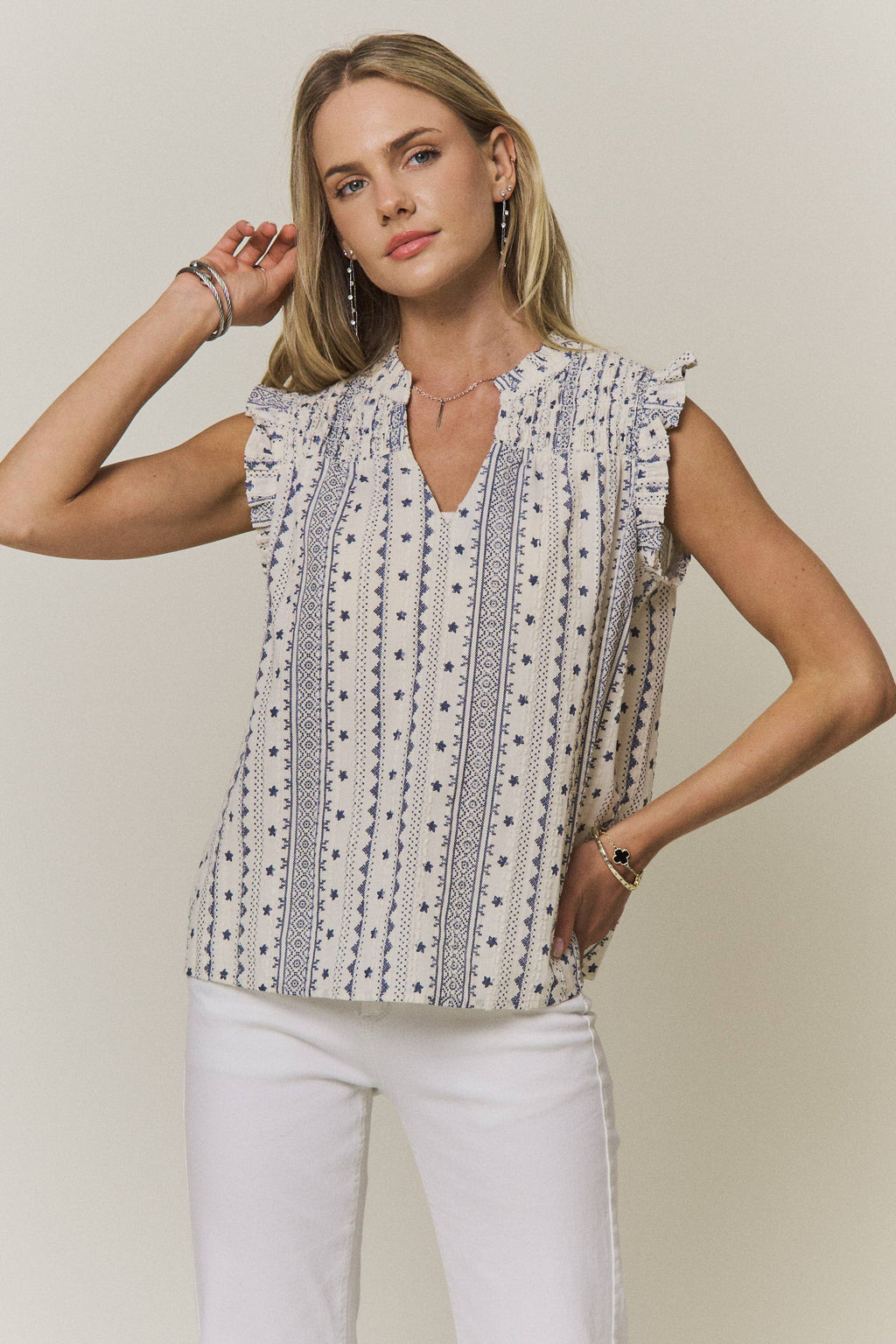 Boho Print Ruffle Cap Sleeve Blouse