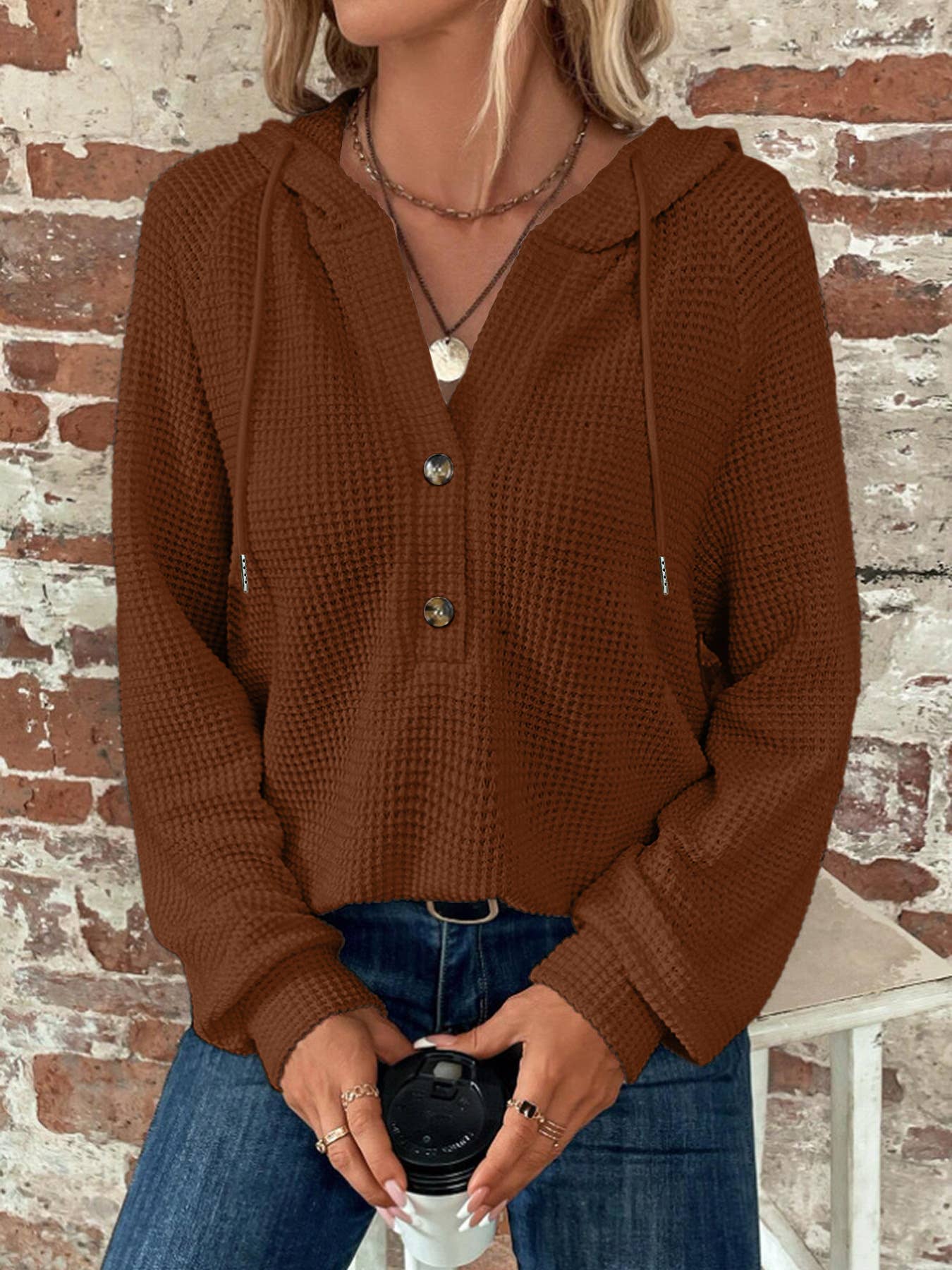 Waffle Knit Hoodie | Solid Color Button-Up Pullover XS–XXL