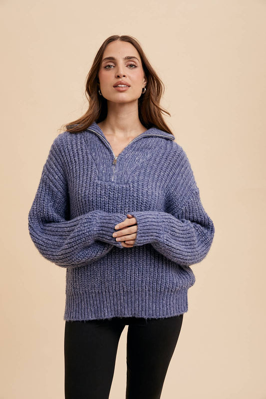 BLUE DUSK QUARTER ZIP KNITTED POLO SWEATER Fall-Winter In Loom