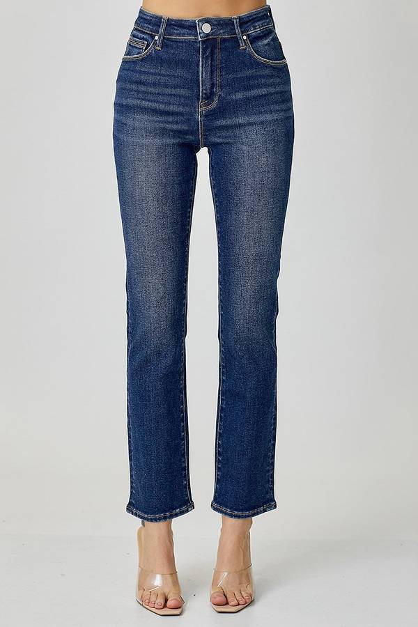 (Plus) Dark Mid Rise Ankle Straight Slim Jeans