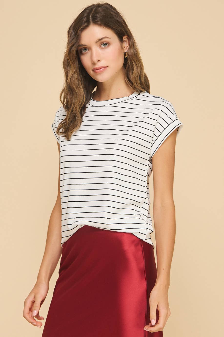 Amicis Kate T-shirt rib stripe cuffed crewneck made in USA model size S