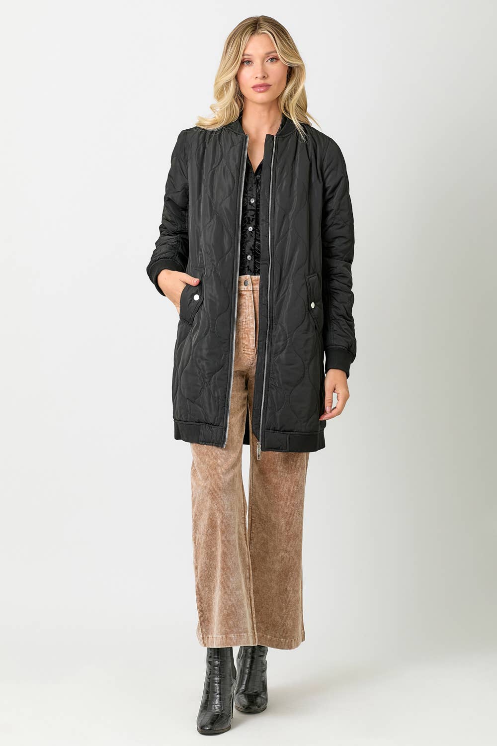Mystree - 60268 Quilted Long Bomber Jacket Mystree