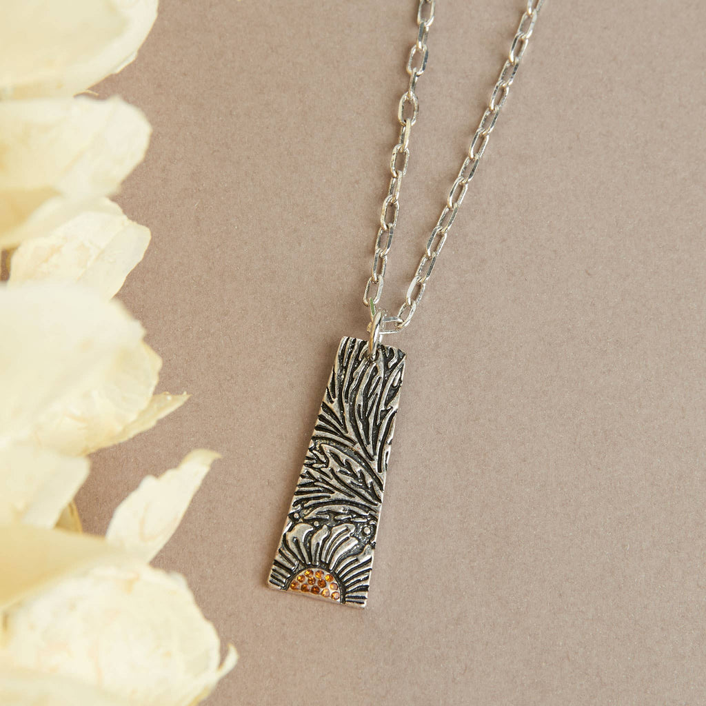 Silver Pendant Necklace – Dahlia Floral Pendant with Crystal Accents