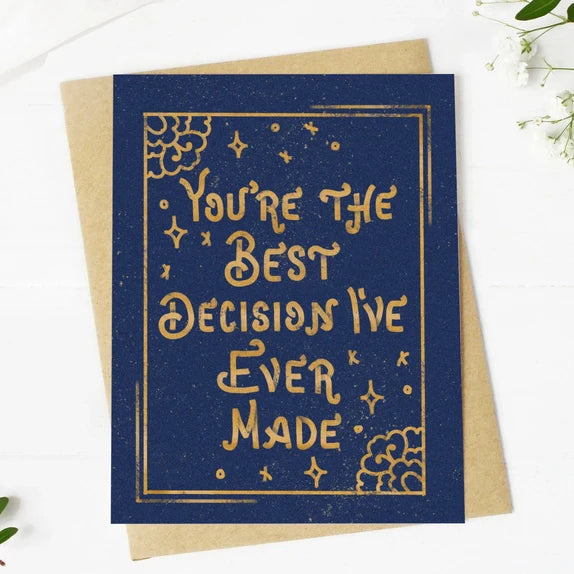Big Mood Cards A2 size navy blue greeting card with gold hand-drawn lettering and stars, blank inside, paired with a kraft envelope