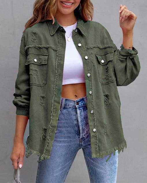 Army Green Ripped Long-Sleeved Denim Jacket Fall-Winter Rosa Clothing