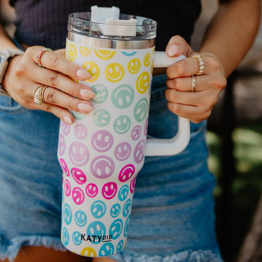 Pastel Happy Face Tumbler Cup with Handle Core Katydid