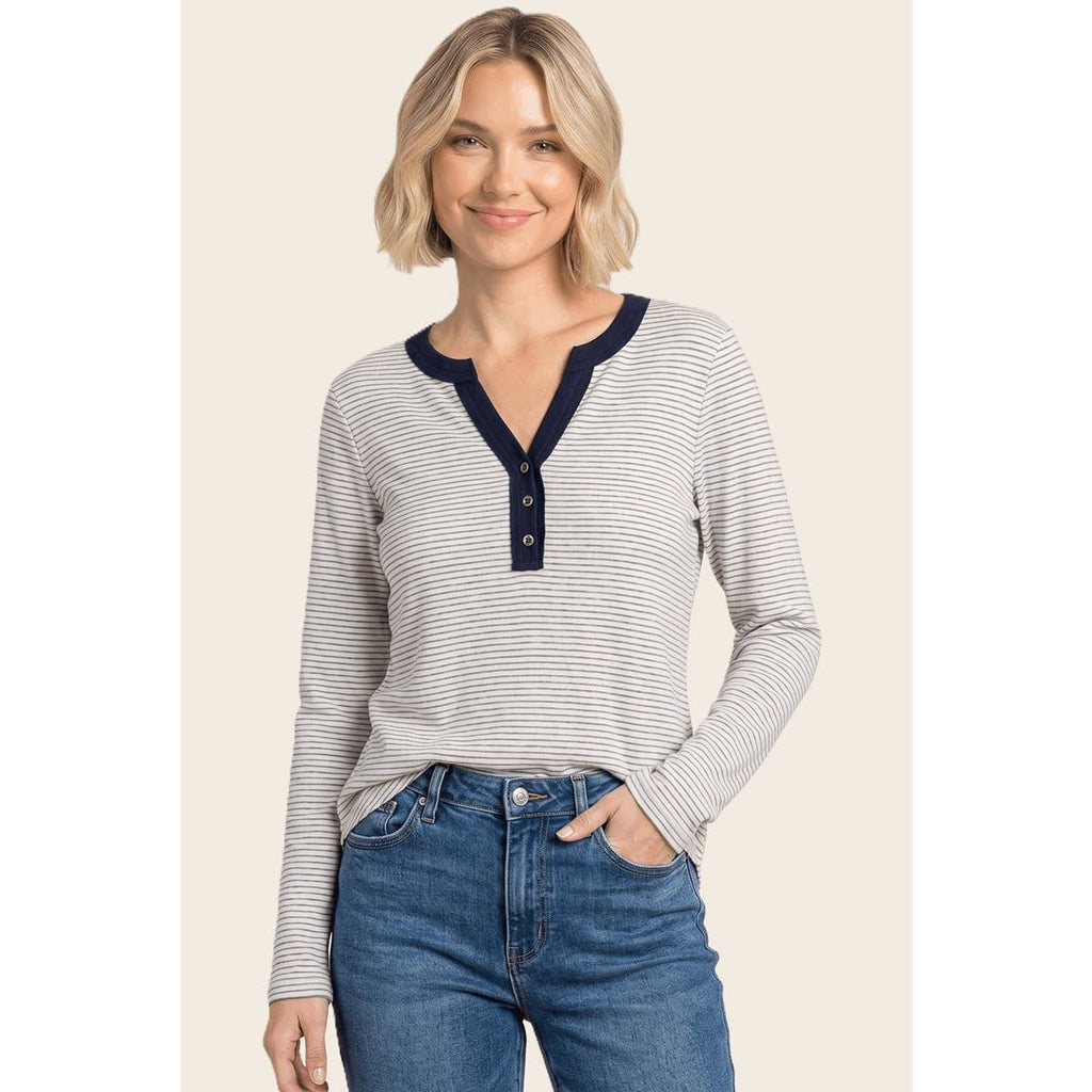 Y-Split Button Neck Striped Top