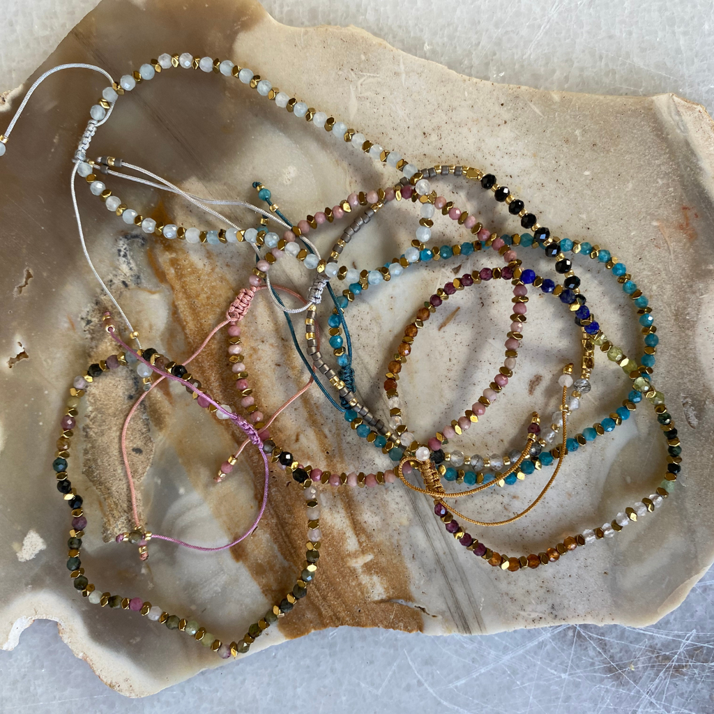 Tiny Semi-Precious Stone Brass Spacer Beaded Bracelet Adjust