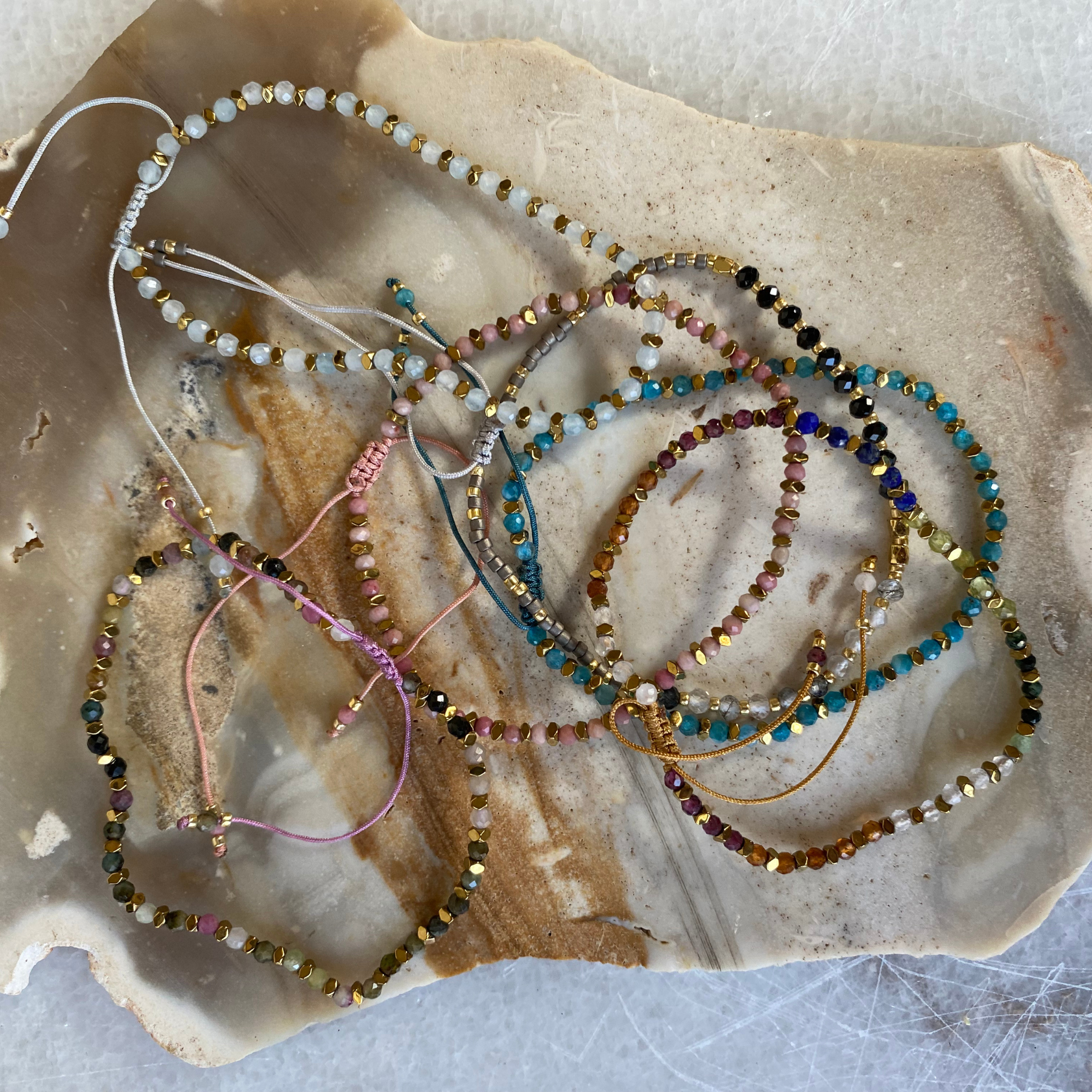 Tiny Semi-Precious Stone Brass Spacer Beaded Bracelet Adjust
