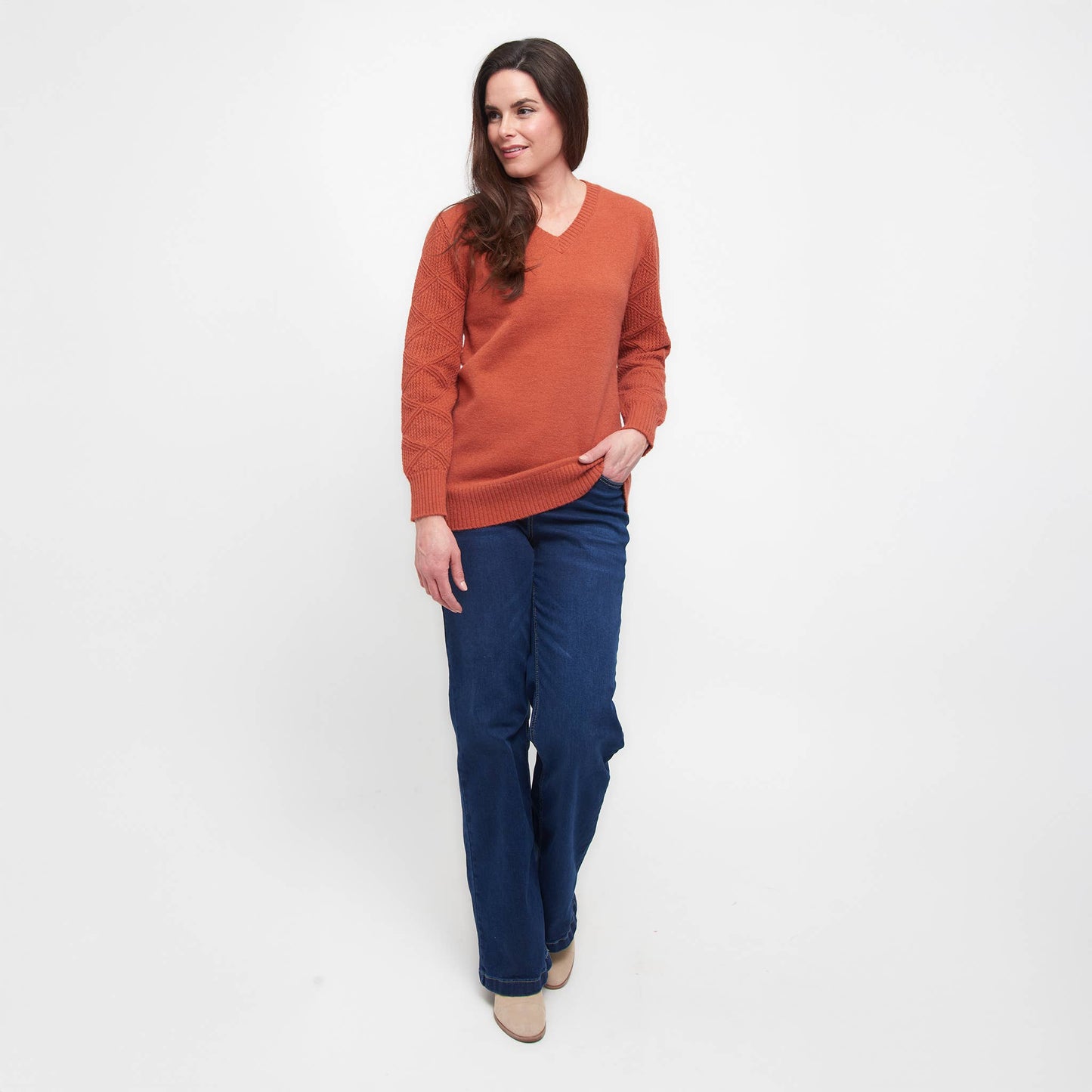 Elsie & Zoey - Emery Diamond Crochet Sleeve V-Neck Sweater